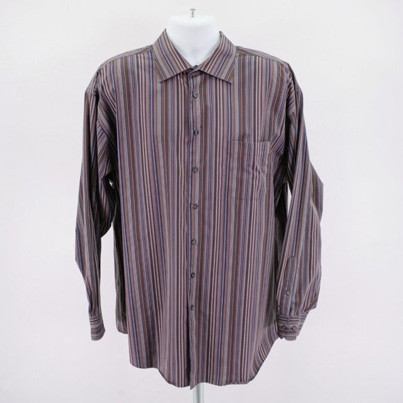 Pronto Uomo XXL Non Iron‎ Brown Blue Striped Pocket Front Collared Dress Shirt - Picture 4 of 11